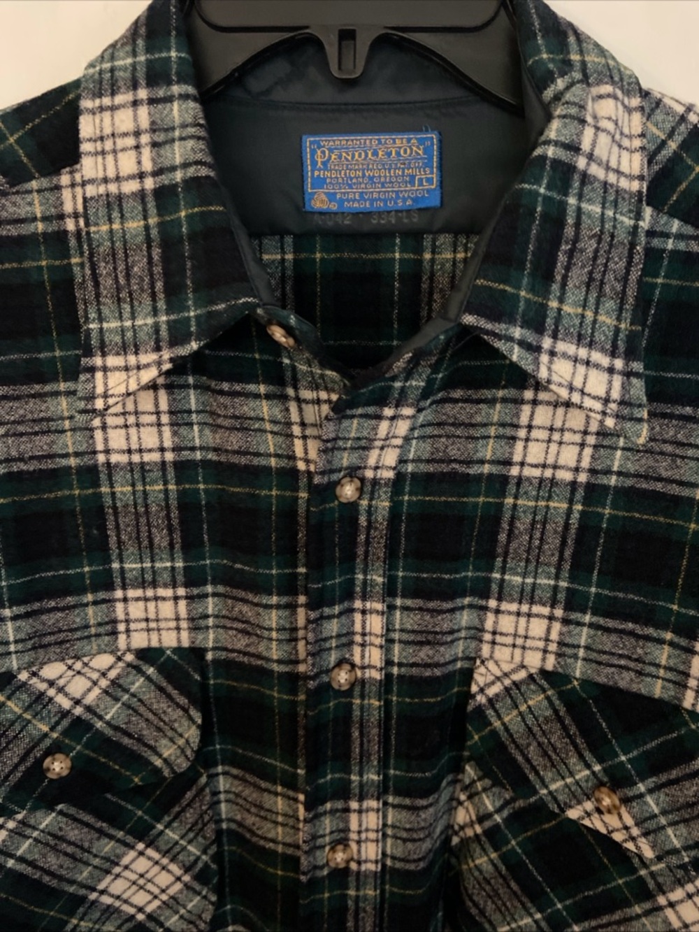 Pendleton Forest Green, Black & White Plaid Wool Button-Down
